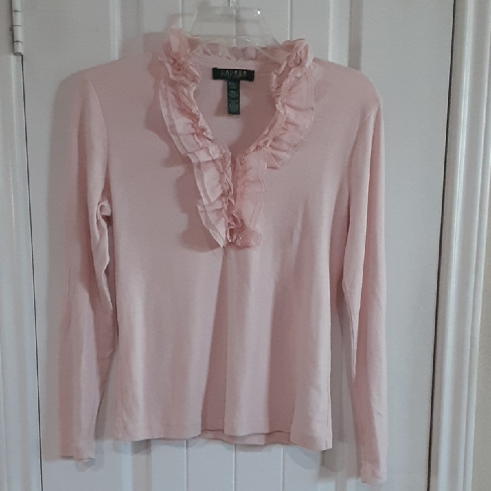Lauren Ralph Lauren Petite Pink Ruffled V-Neck Long Sleeve Blouse - Size PM
